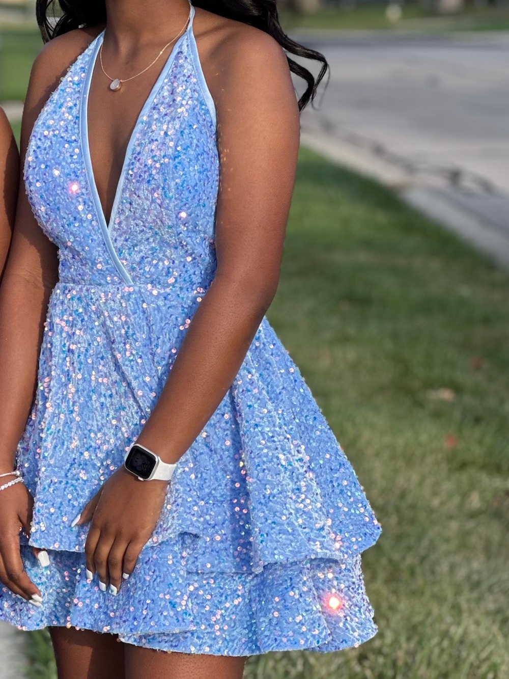 Sparkling Blue Sequin Halter Mini Dress